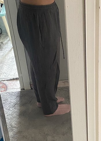 Gri Midi Keten Kadın Pantolon - Görsel 2