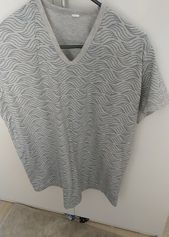xl Beden gri Renk Gri desenli V Yaka Kısa Kollu penye bluz