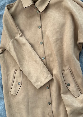 Düğmeli Bej Süet Kadın Uzun Kaban - Görsel 2