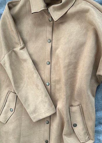 Düğmeli Bej Süet Kadın Uzun Kaban - Görsel 4