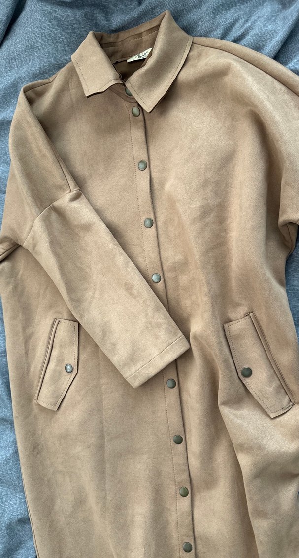 Düğmeli Bej Süet Kadın Uzun Kaban - Görsel 2