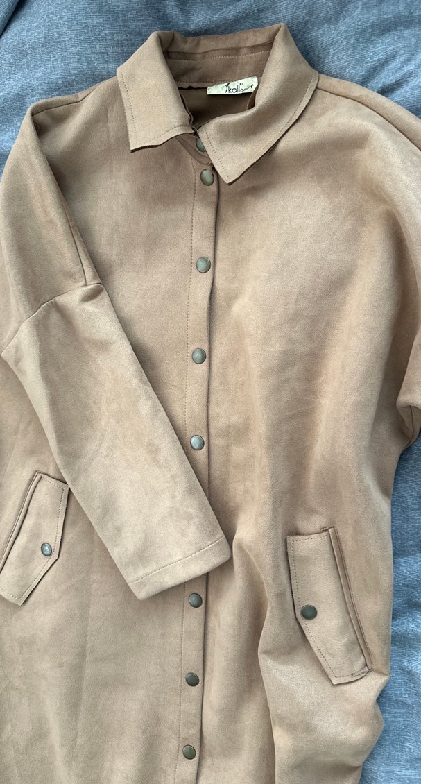 Düğmeli Bej Süet Kadın Uzun Kaban - Görsel 4