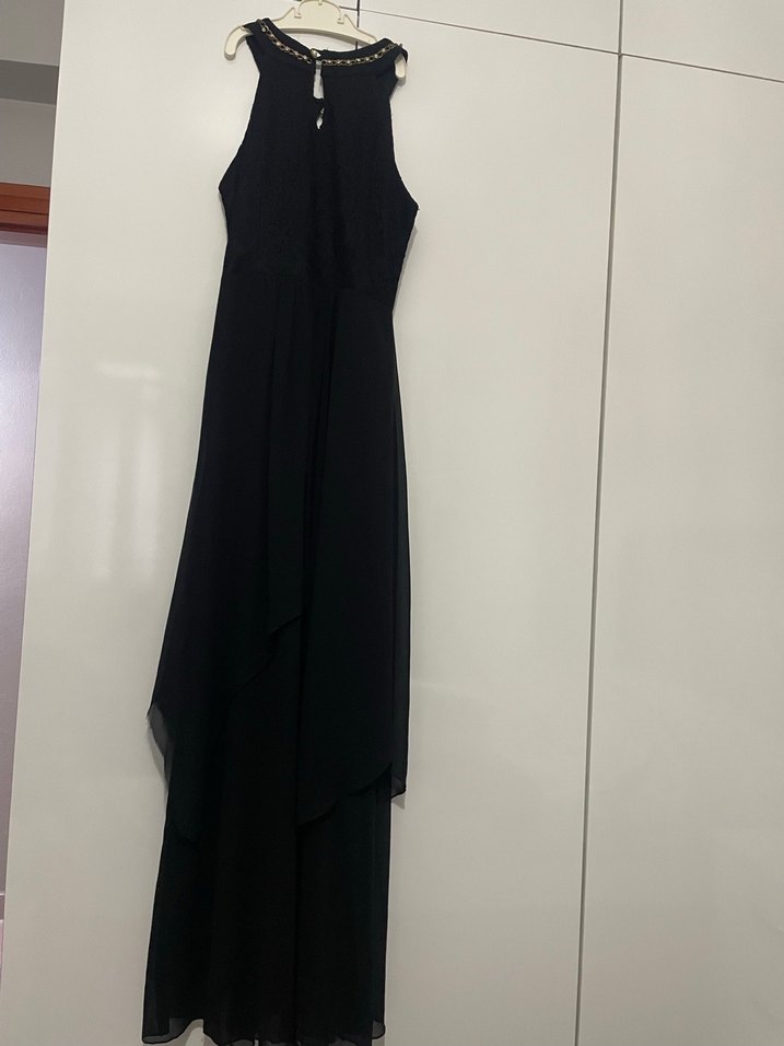 Siyah Uzun V Yakalı Gotik Kadın Elbise - Görsel 5