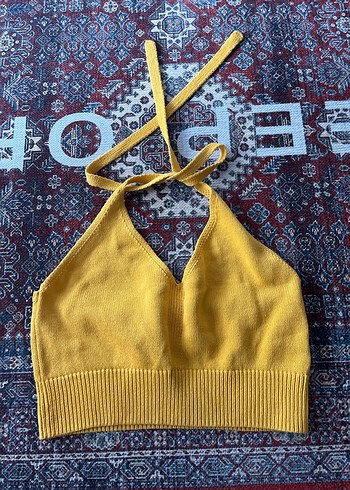 Sarı Triko Halter Yaka Crop Top