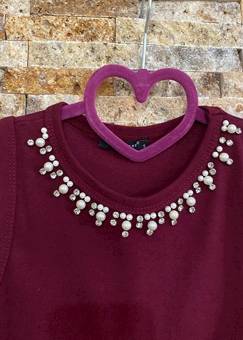 Diğer İnci Detaylı Bordo Kolsuz Crop Top