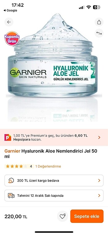 Garnier aloe nemlendirici jel