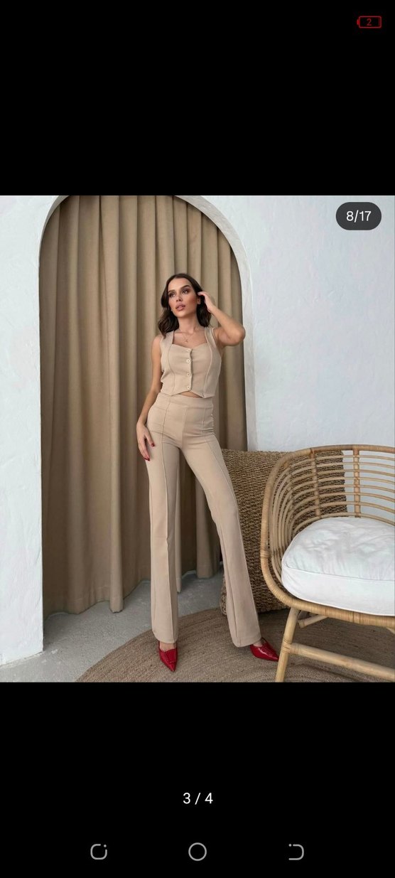 Bej Mini Kolsuz V Yaka Kadın Takım - Görsel 3