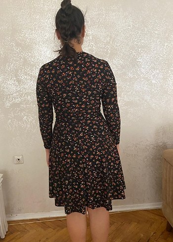 s Beden siyah Renk Çiçek Desenli Bohem V Yakalı Midi Elbise
