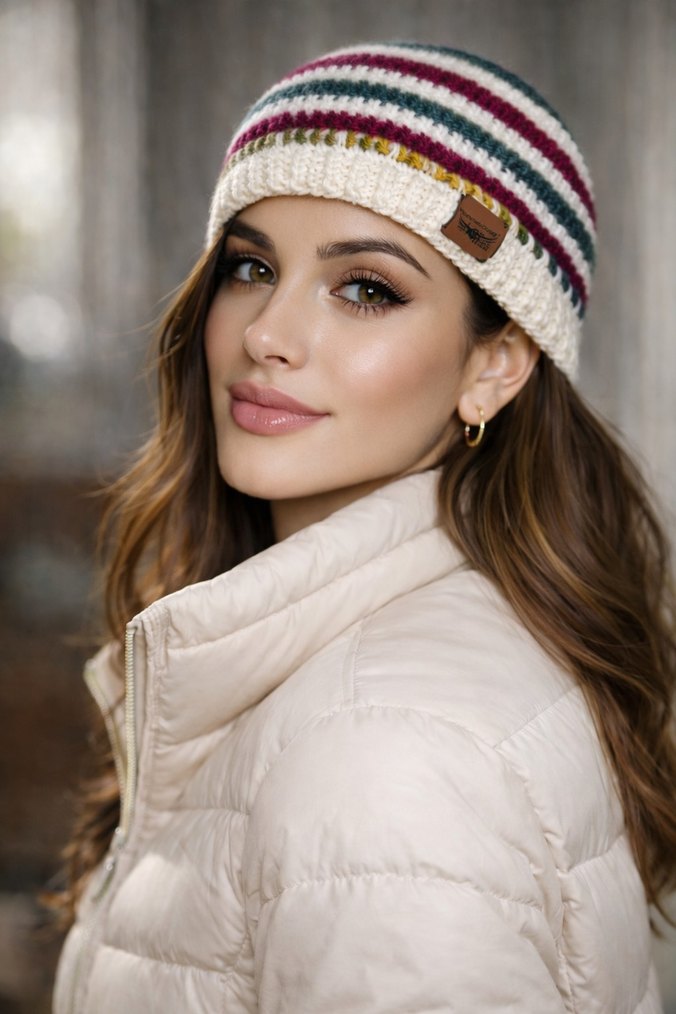 Bej Çizgili Örgü Kadın Bere - Görsel 4