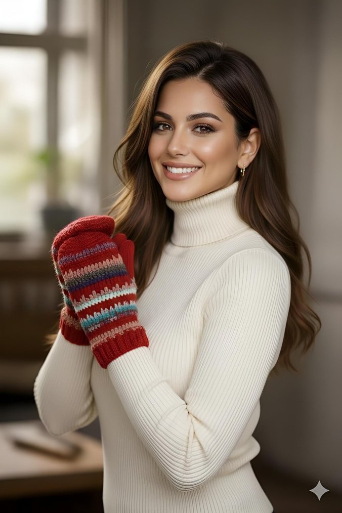 Beyaz Bohem Örgü Kadın Eldiveni - Görsel 2