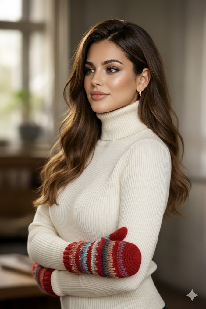 Beyaz Bohem Örgü Kadın Eldiveni - Görsel 3