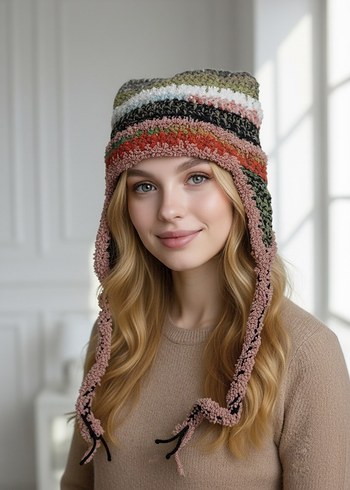 Çok Renkli Örgü Bohem Kadın Bere - Görsel 2