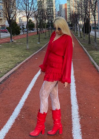 Kırmızı Fırfırlı Uzun Kollu MinlElbise - Görsel 2