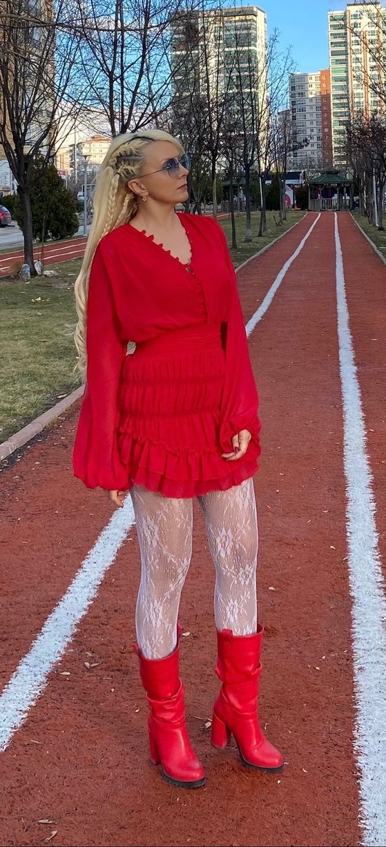 Kırmızı Fırfırlı Uzun Kollu MinlElbise - Görsel 3