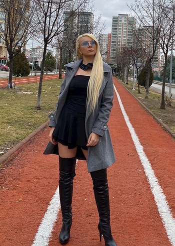 Gri Çizgili Kadın Uzun Denim Kaban - Görsel 2