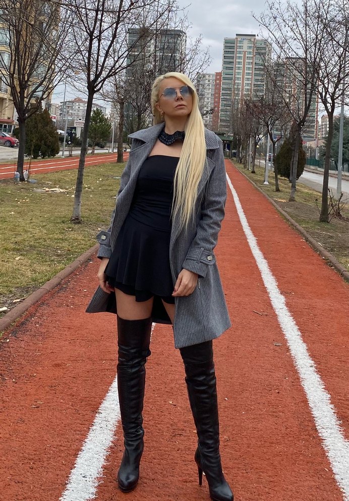 Gri Çizgili Kadın Uzun Denim Kaban - Görsel 2