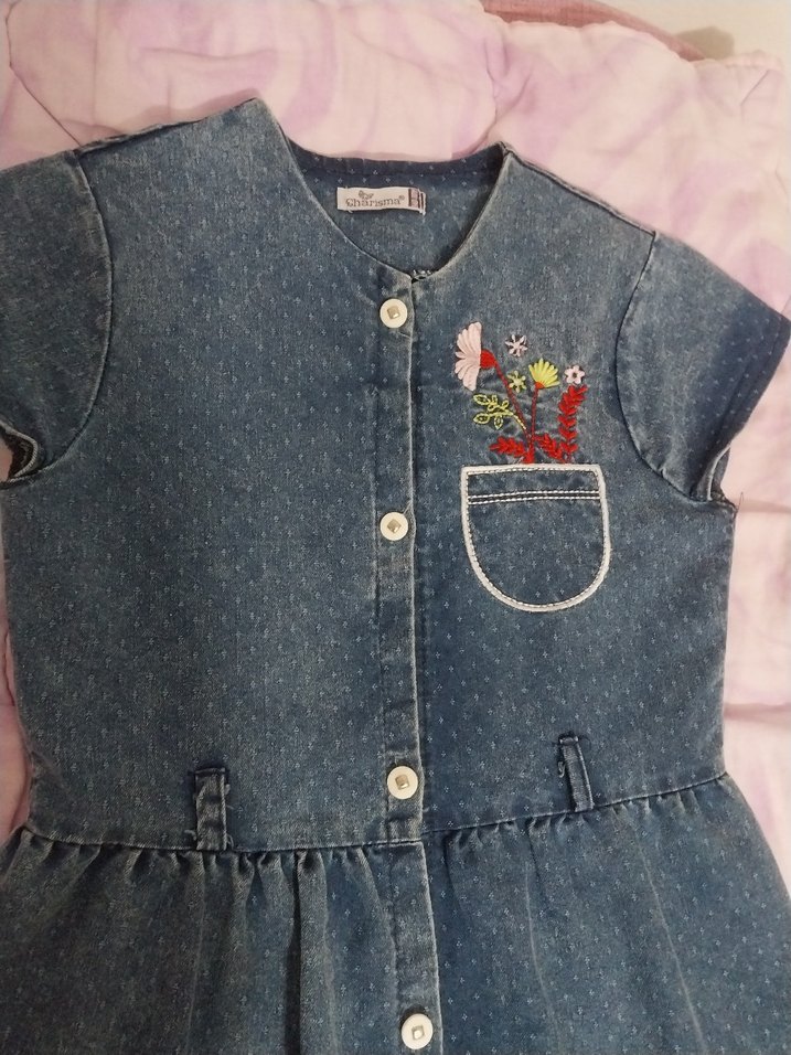 Nakışlı Kısa Kollu Kot Elbise - Görsel 2