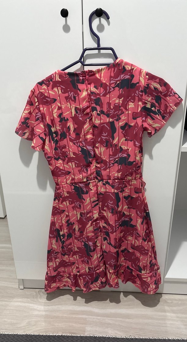 Pembe V Yaka Fırfırlı Midi Elbise - Görsel 2