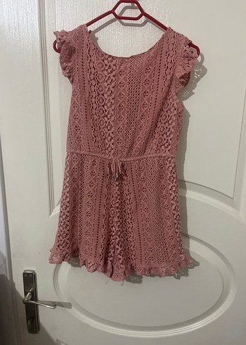 Pembe Dantelli Kız Çocuk Bohem şortlu tulum - Görsel 2