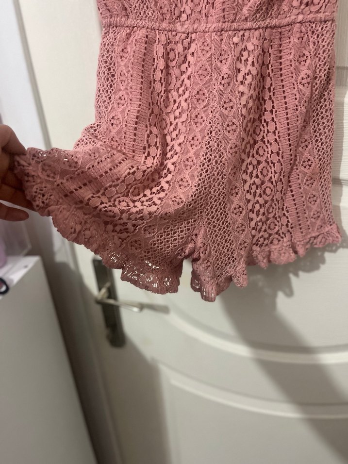 Pembe Dantelli Kız Çocuk Bohem şortlu tulum - Görsel 4