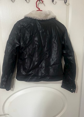 Kız Çocuk Siyah Deri Kürklü Biker Ceket - Görsel 4