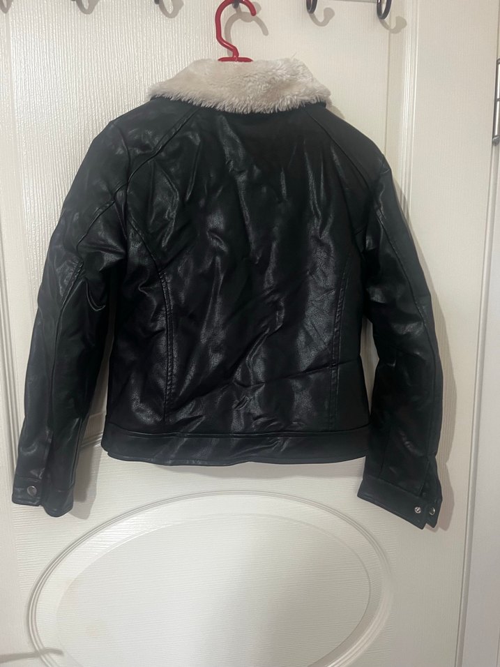 Kız Çocuk Siyah Deri Kürklü Biker Ceket - Görsel 4