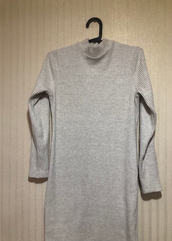 Gri Uzun Triko Elbise Yüksek Yaka - Görsel 3