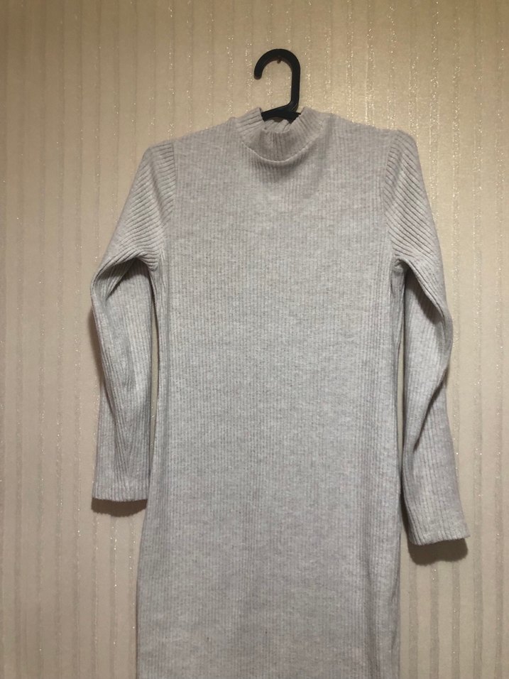 Gri Uzun Triko Elbise Yüksek Yaka - Görsel 3