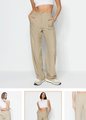 Bej Keten Midi Kadın Pantolon - Görsel 5