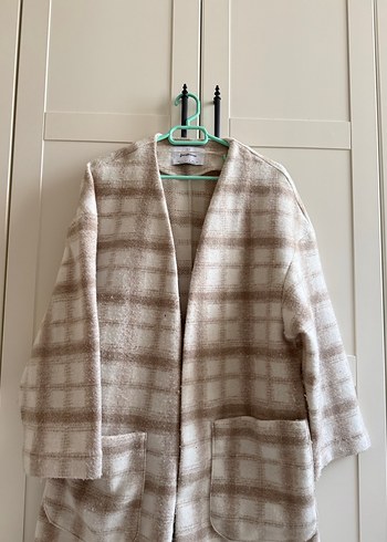 Bej Ekoseli Uzun Örgü Kadın Kaban - Görsel 4