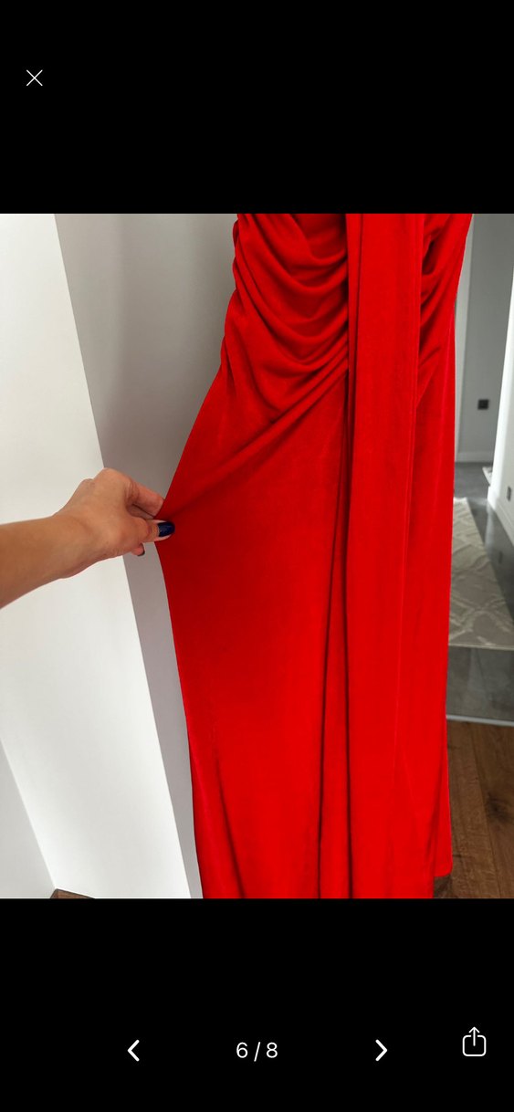 Kırmızı Drapeli Uzun Straplez Elbise - Görsel 3