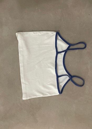 Mavi Kenarlı Beyaz İnce crop atlet - Görsel 2