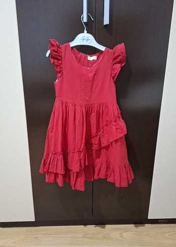 Kız Çocuk Kırmızı Keten Fırfırlı Elbise - Görsel 5