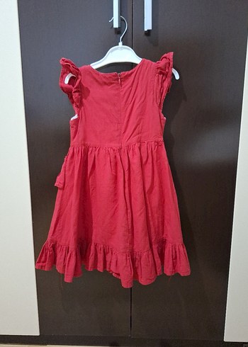 Kız Çocuk Kırmızı Keten Fırfırlı Elbise - Görsel 3