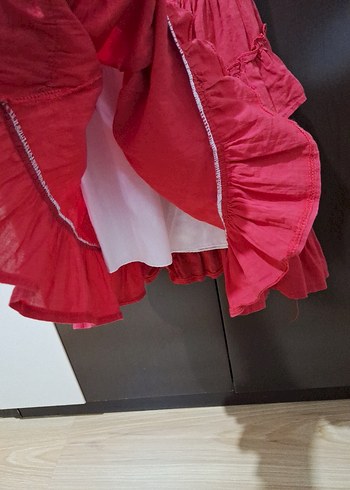 Kız Çocuk Kırmızı Keten Fırfırlı Elbise - Görsel 6