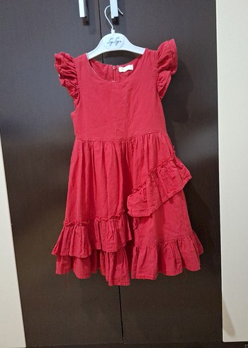 Kız Çocuk Kırmızı Keten Fırfırlı Elbise - Görsel 2