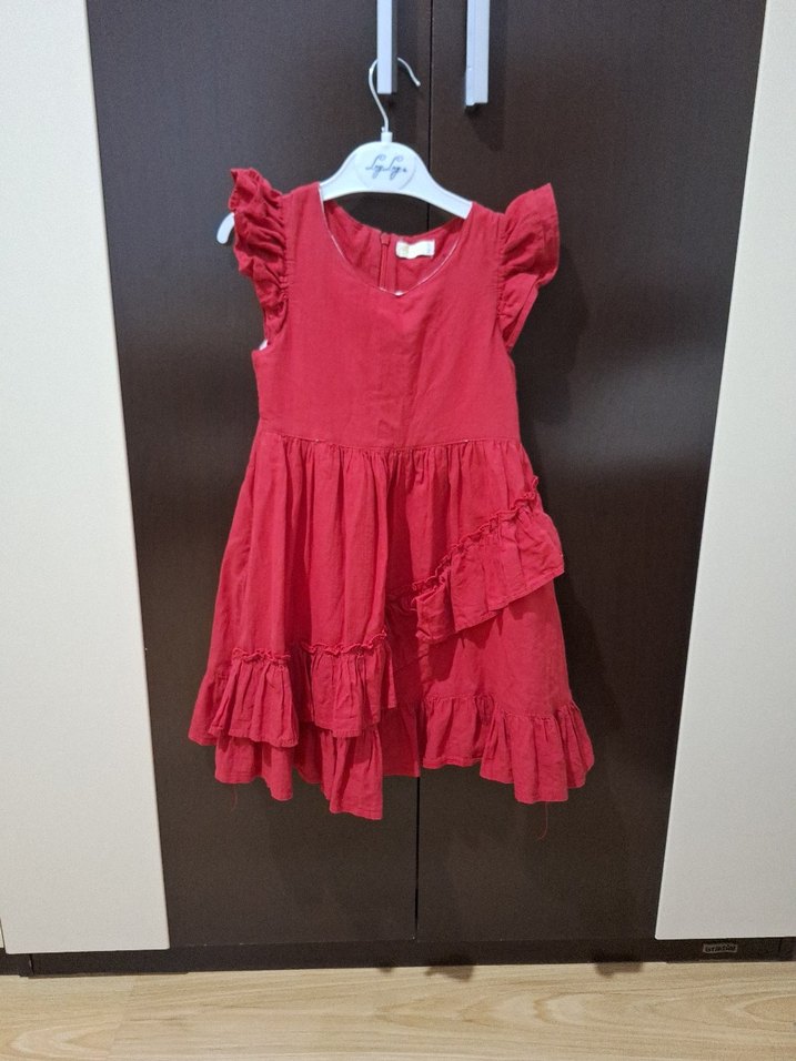 Kız Çocuk Kırmızı Keten Fırfırlı Elbise - Görsel 5