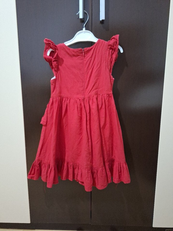 Kız Çocuk Kırmızı Keten Fırfırlı Elbise - Görsel 3