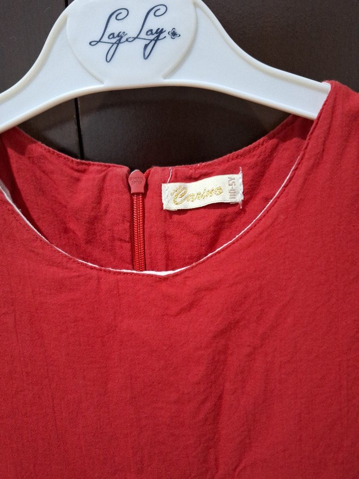 Kız Çocuk Kırmızı Keten Fırfırlı Elbise - Görsel 4