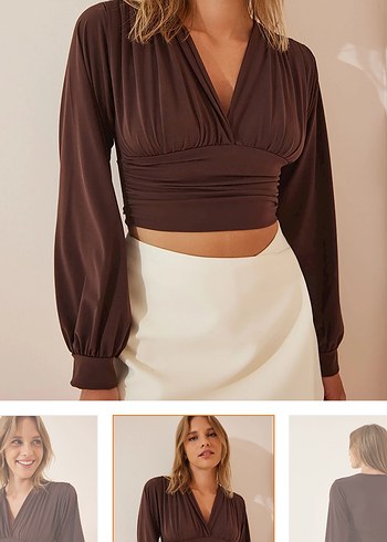Kahverengi Drapeli V Yaka Mini Bluz - Görsel 2