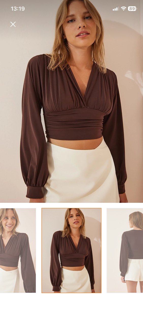 Kahverengi Drapeli V Yaka Mini Bluz - Görsel 2