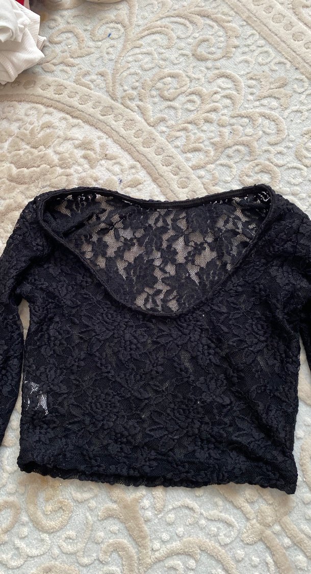 Siyah Dantel Mini Bluz, Uzun Kollu, Goth Tarzı - Görsel 2