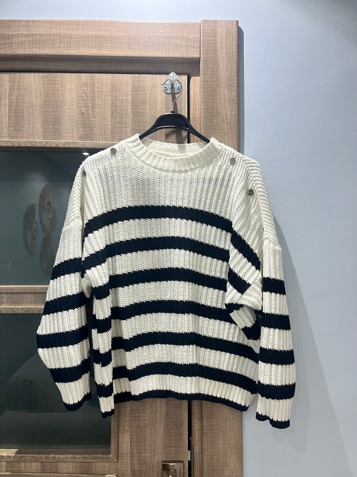 Çizgili Örgü Kadın Kazak - Görsel 4