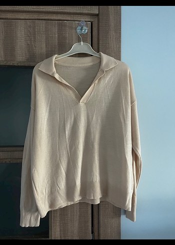 Bej Keten Kadın Gömlek Yaka Kazak - Görsel 3