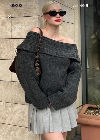 Gri Örgü Bohem Salaş Kazak - Görsel 2