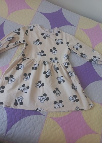 Bej Mickey Mouse Baskılı Kız Çocuk Elbise