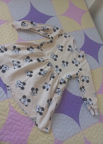 LC Waikiki Bej Mickey Mouse Baskılı Kız Çocuk Elbise