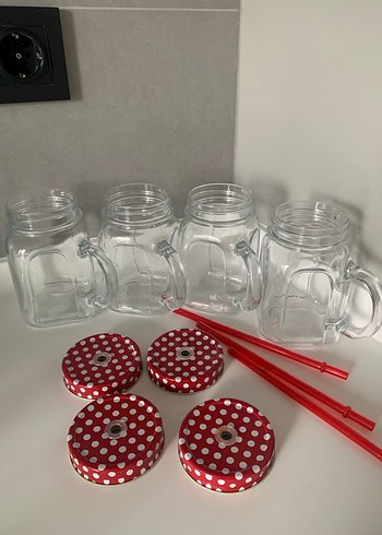 Paşabahçe Kırmızı Pipetli Puantiyeli Kapaklı Limonata Bardak Set - Görsel 2