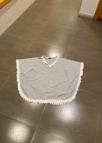 Kız Çocuk Gri Keten Fırfırlı Bohem Panço - Görsel 2