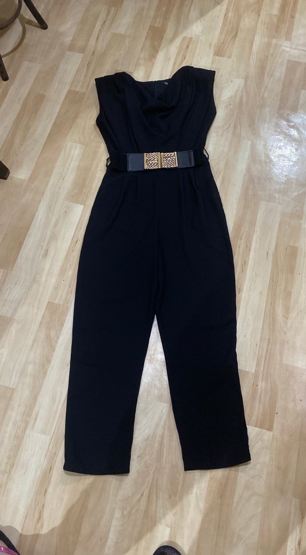 Siyah Kadın Midi Tulum, Kemerli, Strappy Kol - Görsel 3